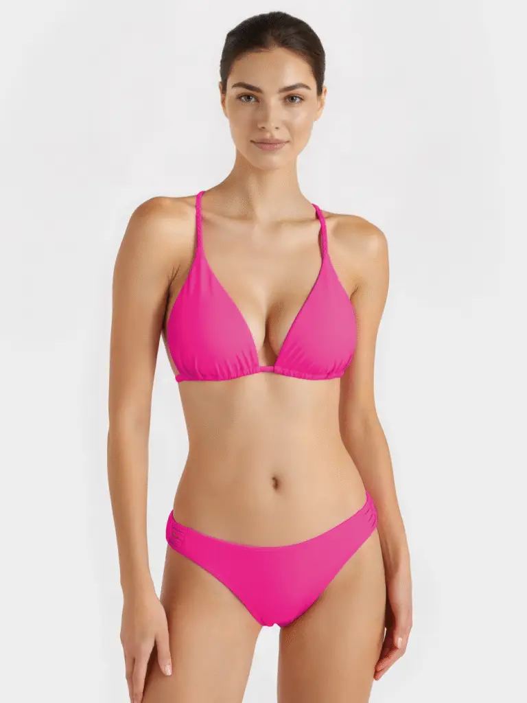 Vibrant fuchsia bikini set: triangle top with braided straps and high-cut bottom, smooth stretch fabric for swimwear manufacturer.
