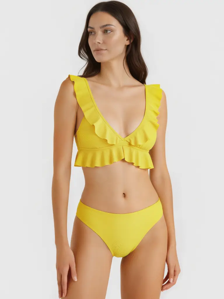Yellow ruffled bikini top with deep V-neck and matching high-waisted bottom, model showcasing swimwear from Hongxiu Clothing Co., Ltd. manufacturer.