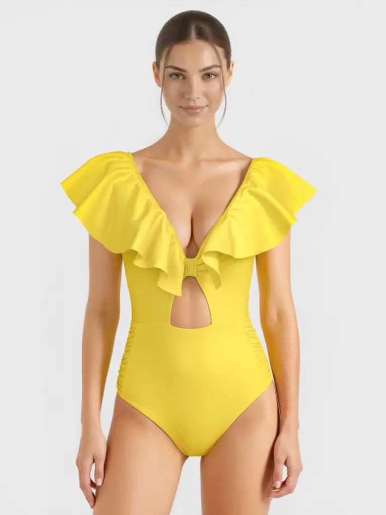 Yellow ruffled one-piece swimsuit with deep V-neck, bow detail, and side cutout, modeled by woman against white background.