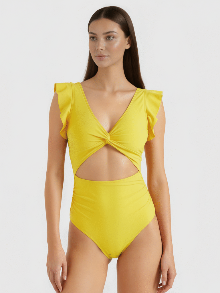 Yellow one-piece swimsuit with ruffled cap sleeves, V-neck twist front, and side cutout, made from stretchy swimwear fabric.