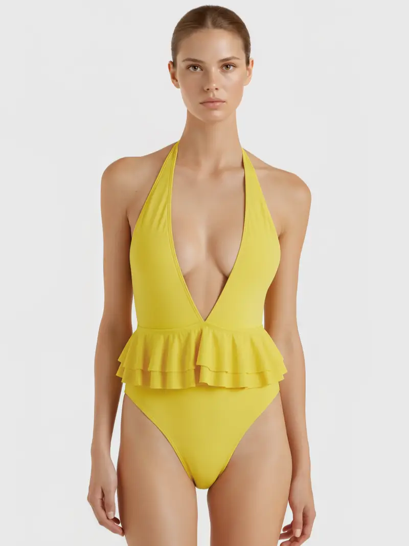 Yellow halter neck one-piece swimsuit with deep V-neck and ruffled peplum waist, high-cut leg, smooth stretch fabric.