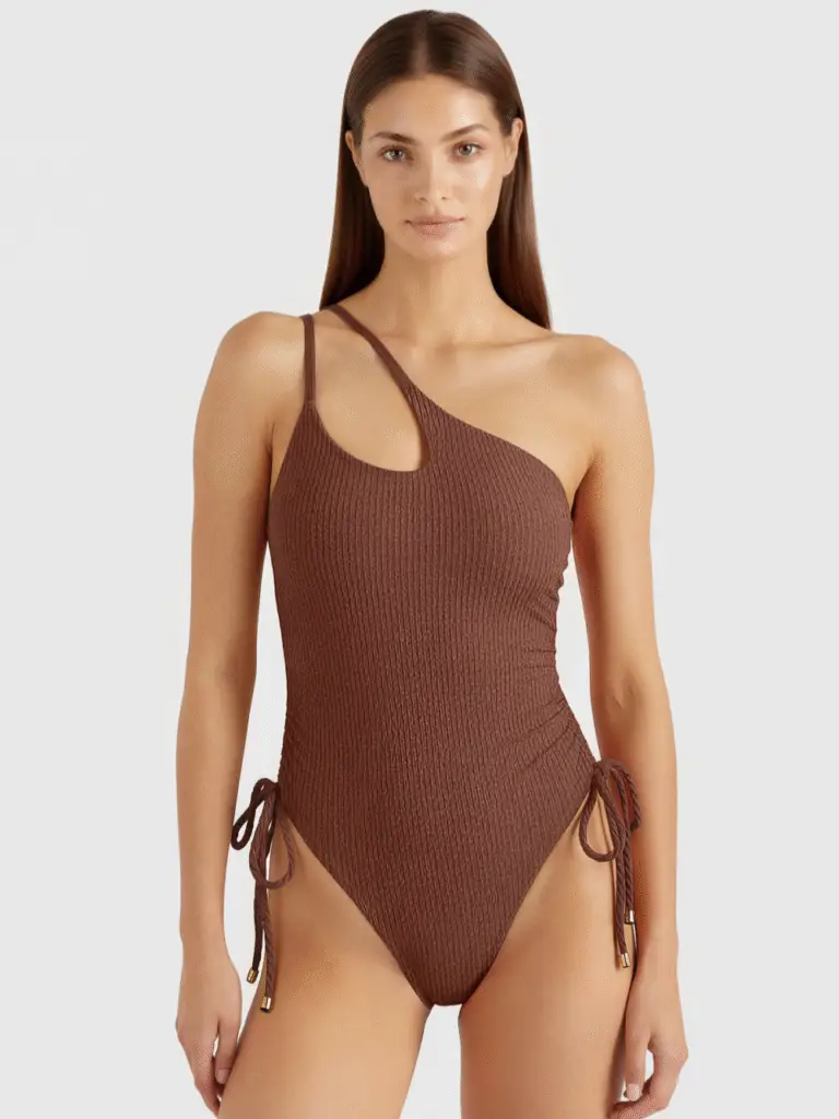 Brown ribbed one-shoulder swimsuit with side tie details and gold-toned hardware, showcasing high-quality swimwear design.