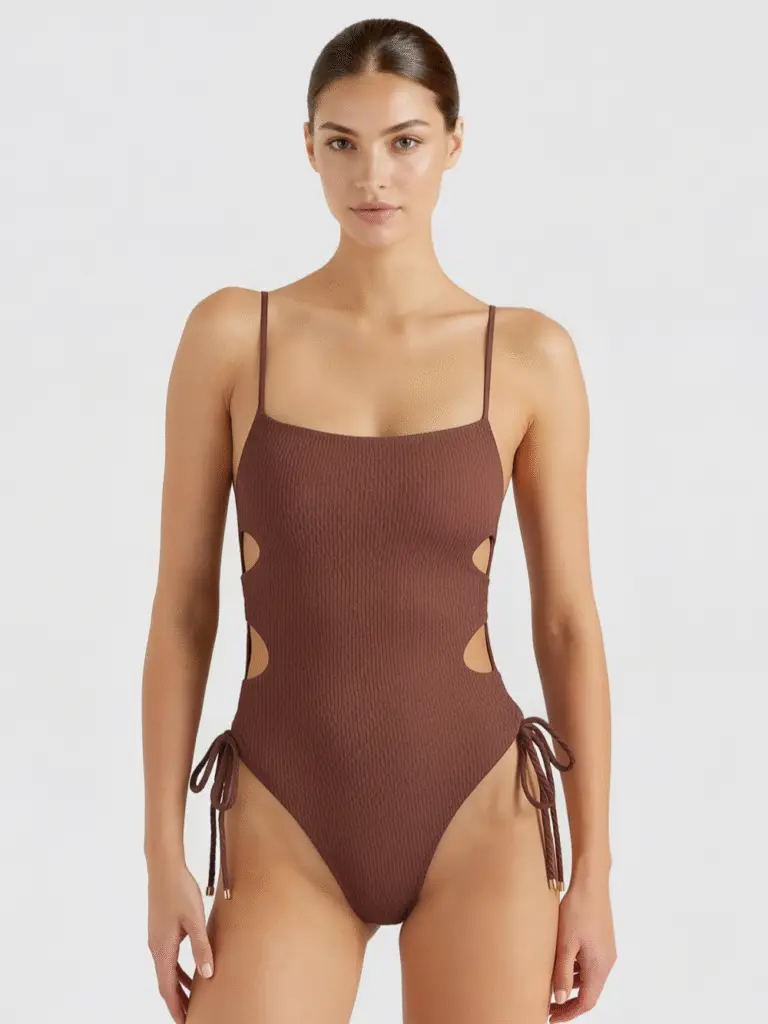 Brown ribbed one-piece swimsuit with side cutouts and adjustable tie sides, model posing front-facing.