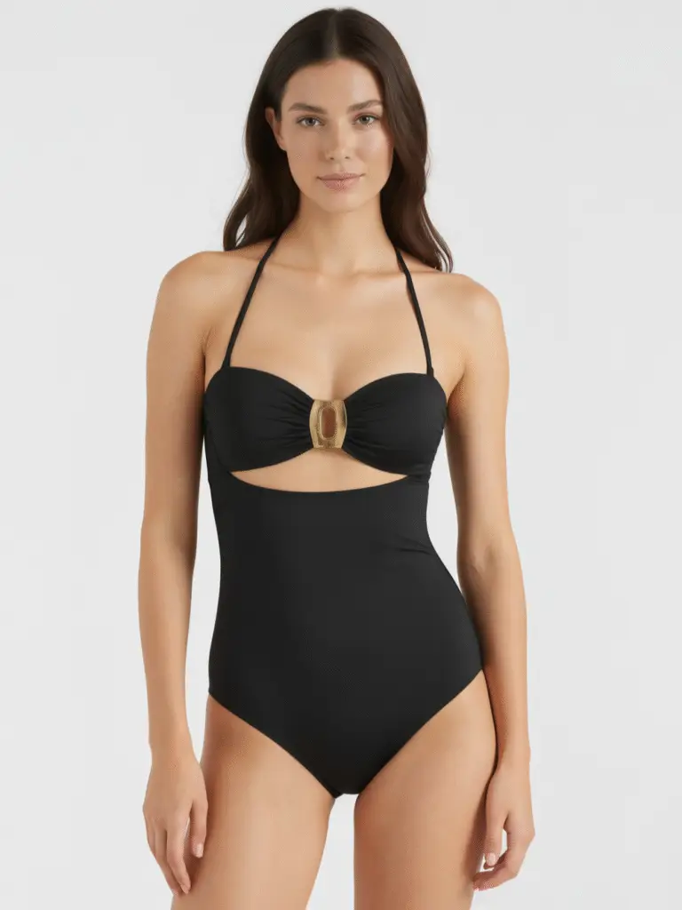 Black halter one-piece swimsuit with gold buckle detail and cutout at bust, model standing front-facing.