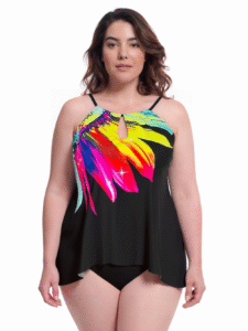 Plus-size woman wearing vibrant rainbow floral halter-style swim top with keyhole neckline and black bottom, showcasing stretchy swimwear fabric.