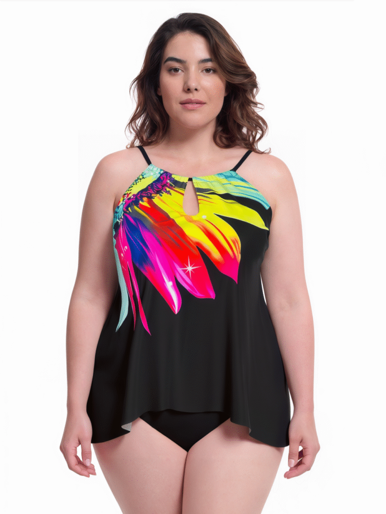 Plus-size woman wearing vibrant rainbow floral halter-style swim top with keyhole neckline and black bottom, showcasing stretchy swimwear fabric.