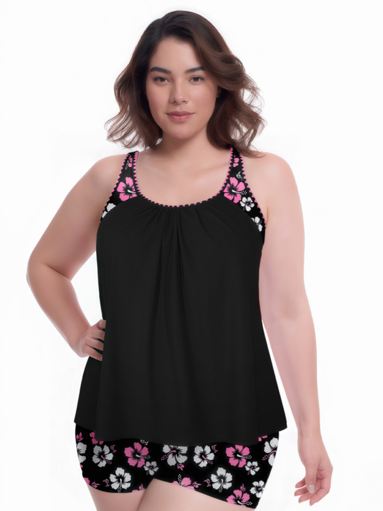Black plus-size floral swim top with pink/white hibiscus trim and matching high-waisted shorts, showcasing swimwear design for curvy figures.
