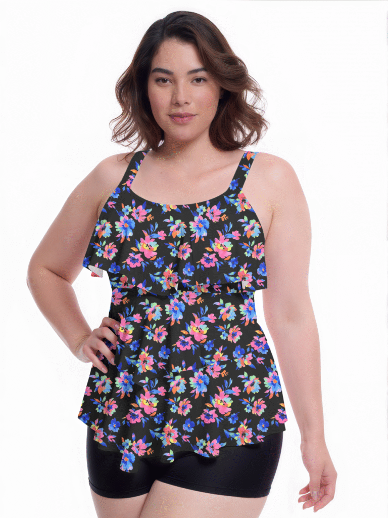 Plus-size woman modeling black floral ruffle tank top swimwear with colorful flowers, paired with black shorts for swimwear showcase.