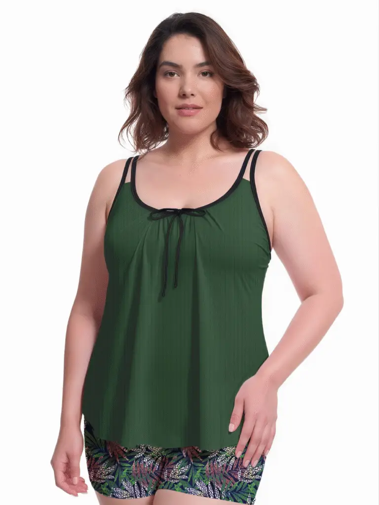 Green ribbed tank-style plus-size swim top with black trim and front tie, paired with floral print shorts for swimwear collection.