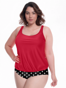 Plus-size model wearing red tank-style swim top and black polka-dot bikini bottoms, showcasing swimwear from Hongxiu Clothing Co., Ltd. manufacturer.
