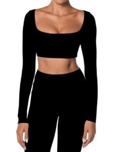Women’s Square Neck Long Sleeve Yoga Crop Top – Sexy Slim Fit Workout Gym Shirt