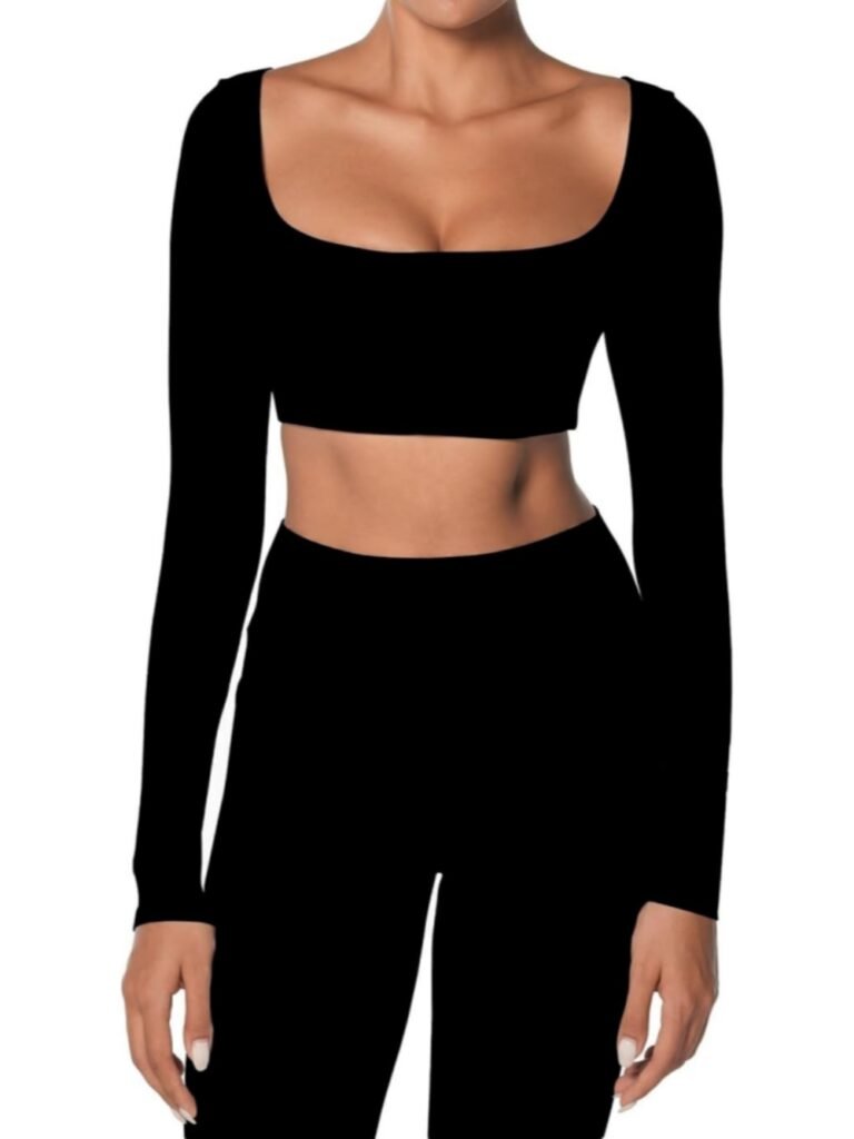 Black long-sleeve square-neck crop top paired with matching high-waisted leggings, form-fitting activewear set.