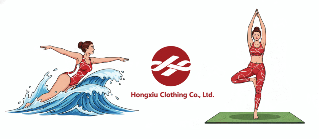 Red patterned bikini swimwear on woman surfing waves, matching red yoga set on woman in tree pose, Hongxiu Clothing Co. Ltd. logo center.