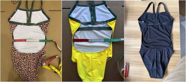 Leopard-print and yellow one-piece swimwear with green trim, plus black backless style, all laid flat with measuring tapes for size verification during production.