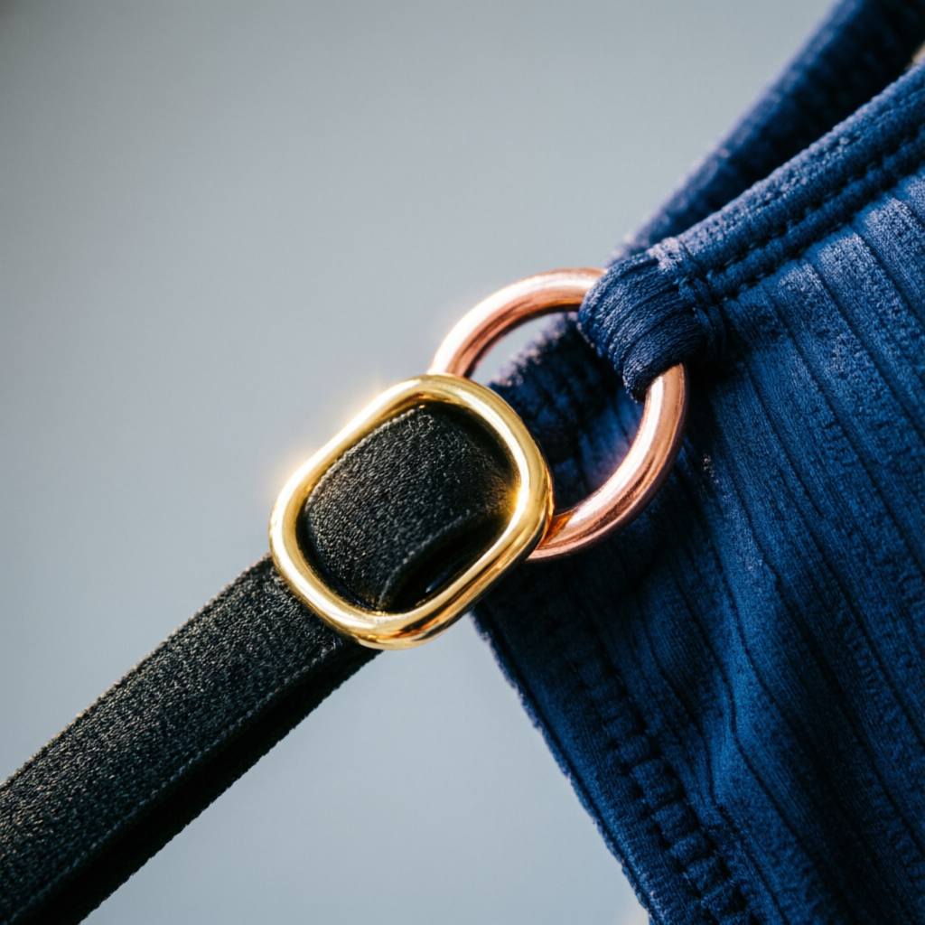 Close-up detail of golden and rose gold swimsuit metal trims, including a slider and decorative ring, on black fabric.