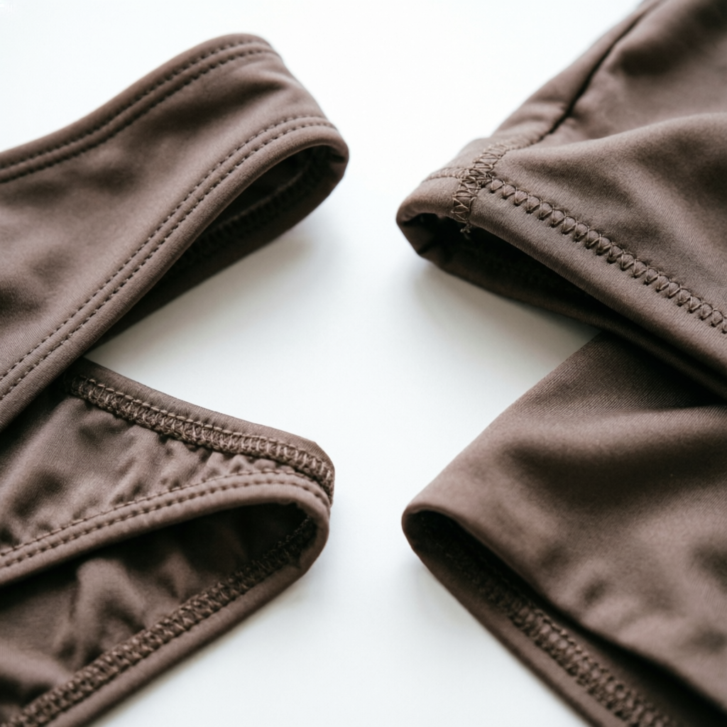 Detailed close-up comparison of different professional swimwear edge finishing techniques, highlighting stitching quality.