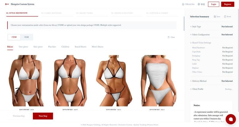 White bikini sets with black trim, featuring triangle top and matching bottoms, displayed on models for swimwear customization.
