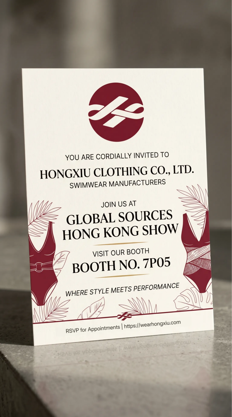 Hongxiu Clothing's professional exhibition booth 7P05 at the Global Sources Hong Kong show, showcasing latest swimwear samples to international buyers.