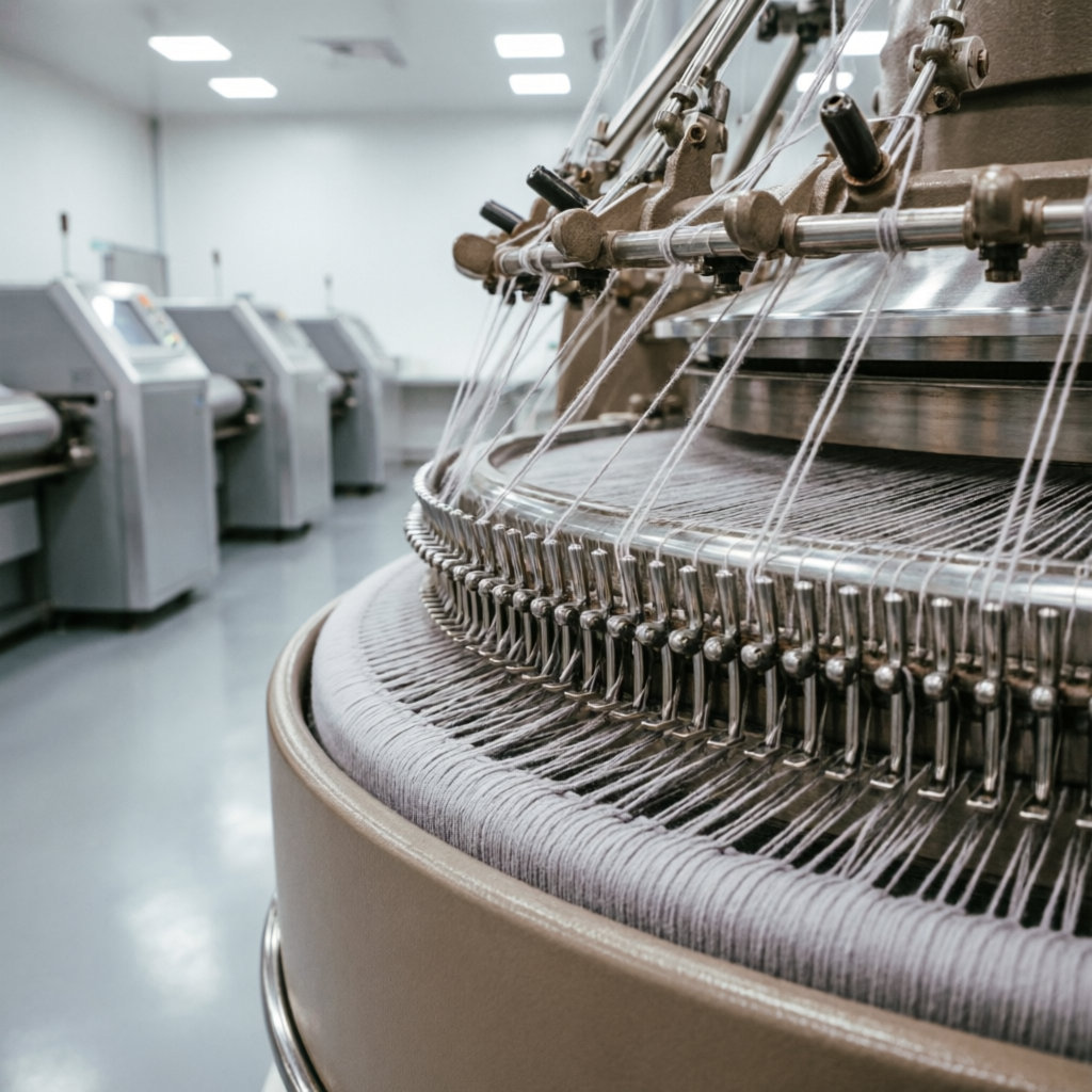 Seamless swimwear being knitted on circular knitting machine in factory