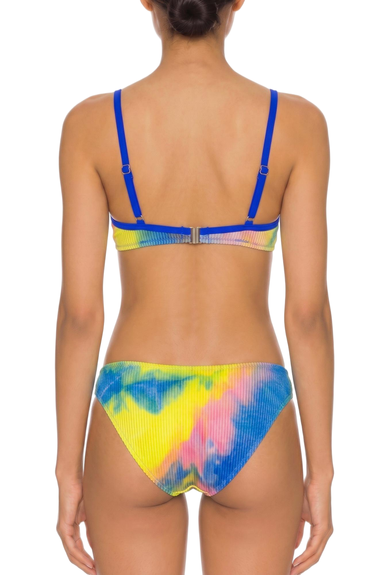 Back view of a colorful tie-dye ribbed bikini set with adjustable blue straps and a hook closure.