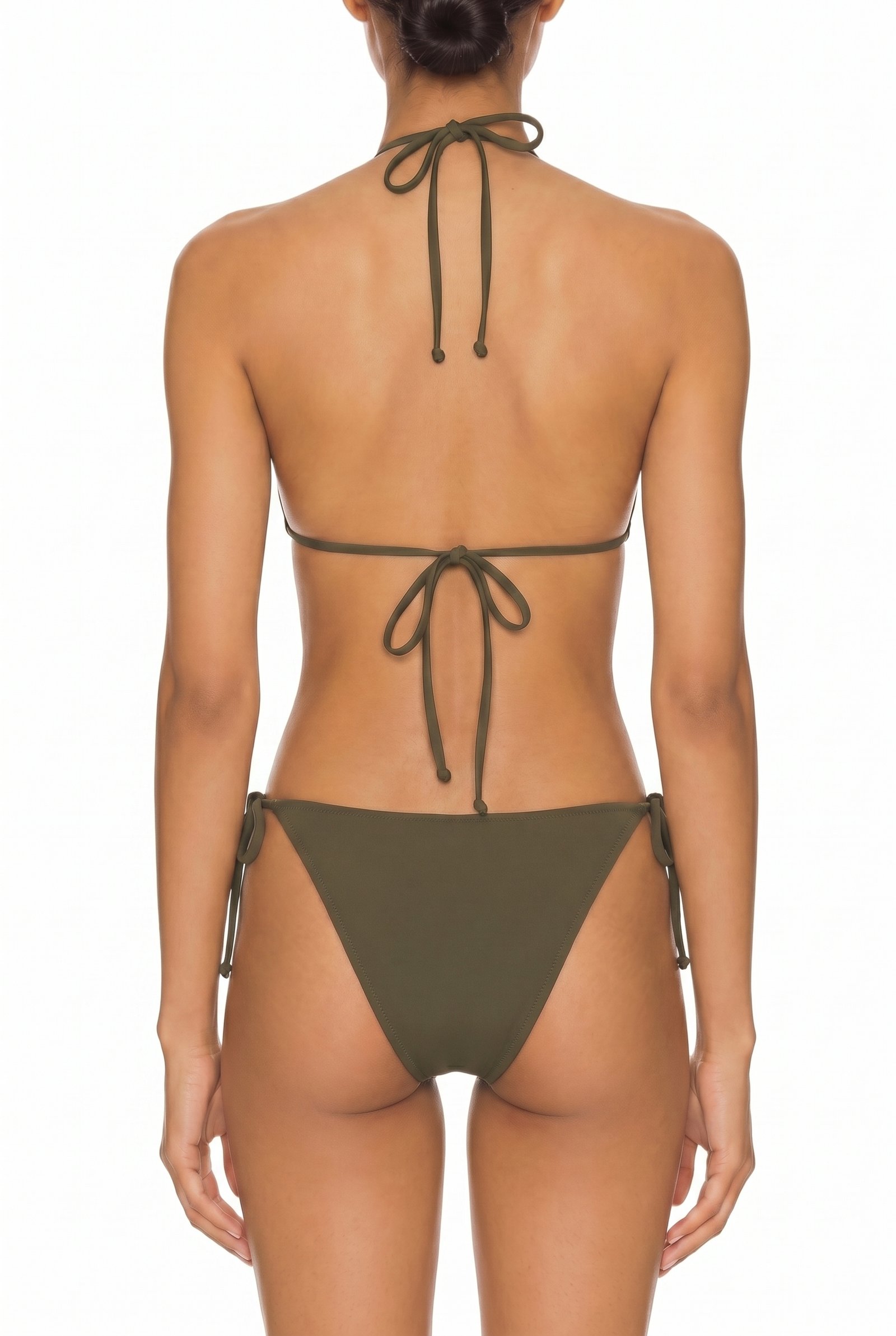 Back view of olive green halter triangle bikini set with tie closures and cheeky tie-side bottoms.
