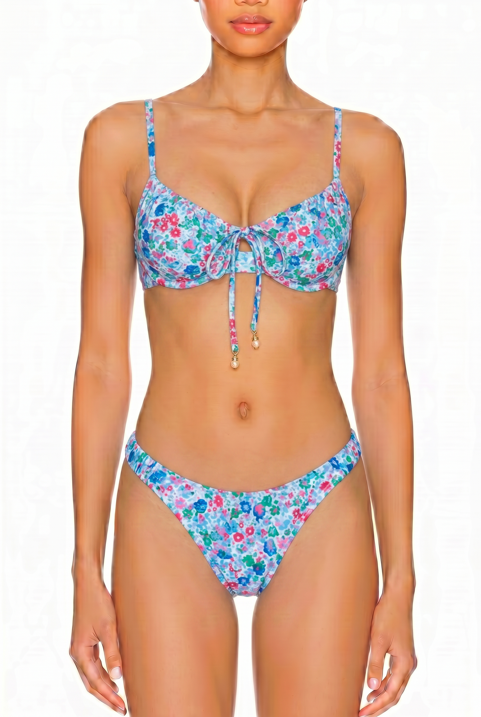 Floral print two-piece bikini set with tie-front bralette top and cheeky cut bottoms.