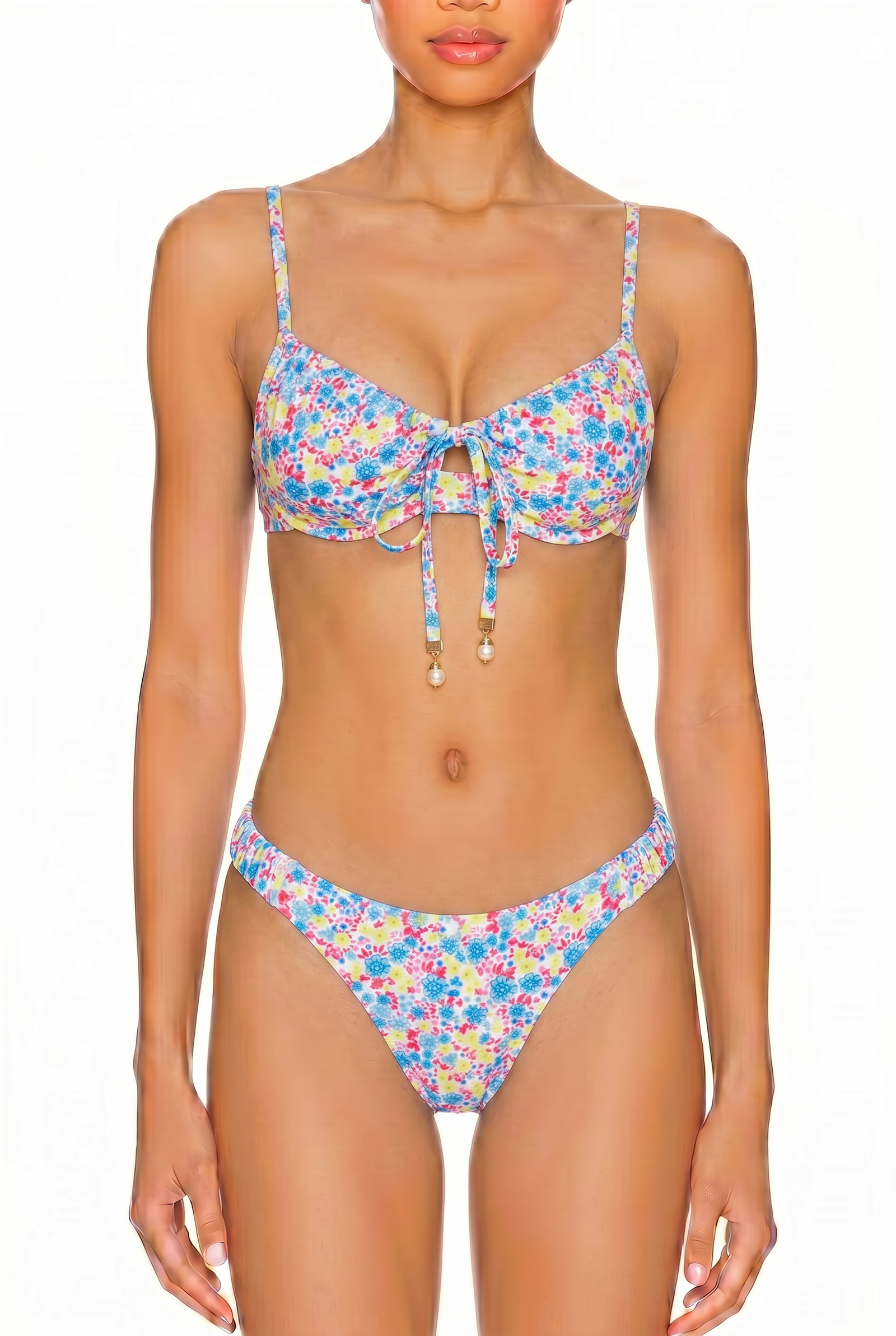 Floral print bikini set with tie-front bralette top and cheeky cut bottoms.