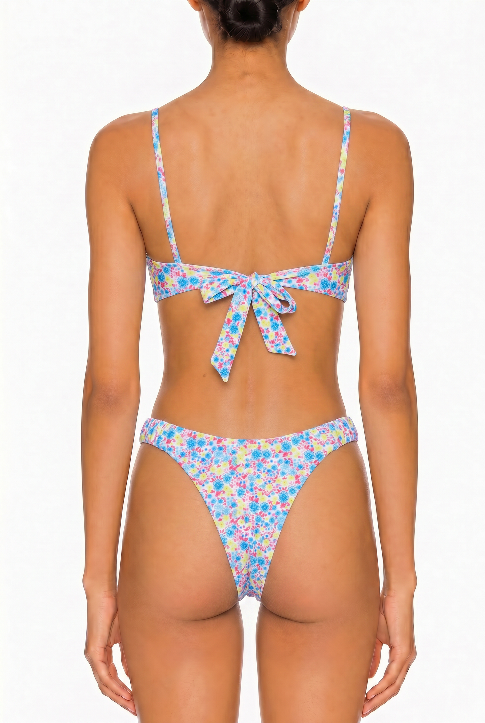 Back view of a floral print bikini set with a tie-back bralette top and cheeky cut bottoms.