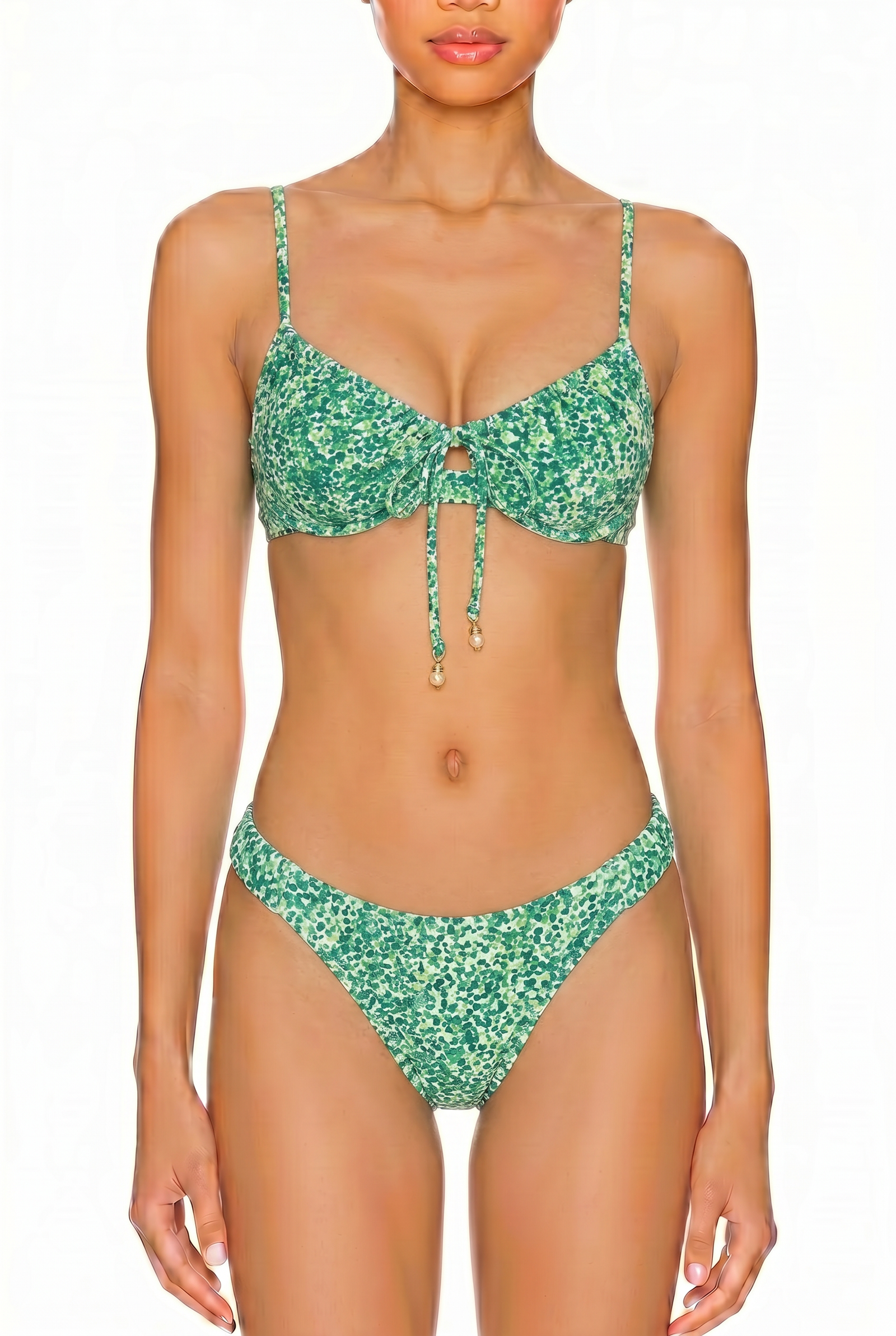 Green floral print bikini set with tie-front bralette top and cheeky cut bottoms.