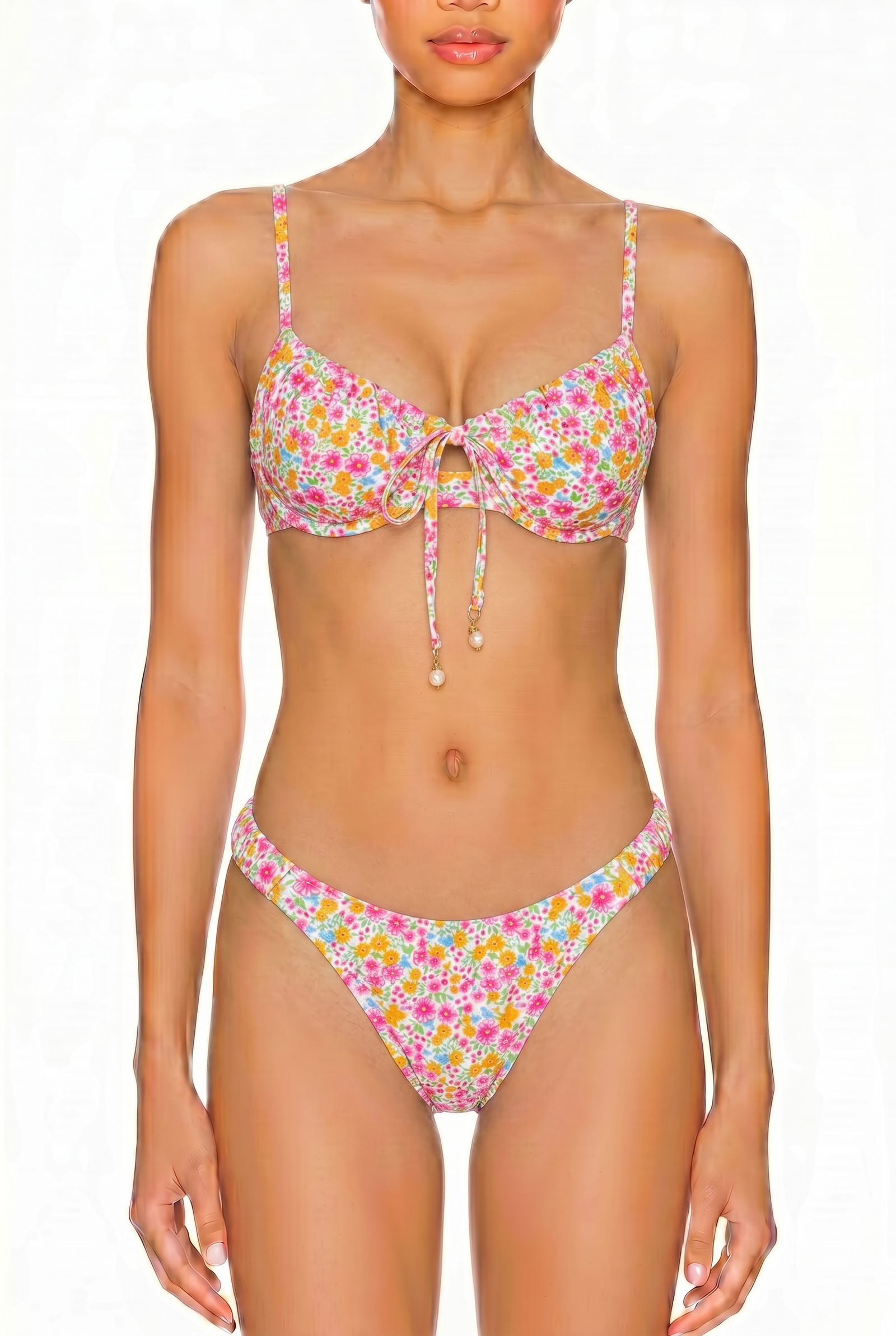 Floral print two-piece bikini set with adjustable straps, tie-front bralette top, and cheeky cut bottoms.