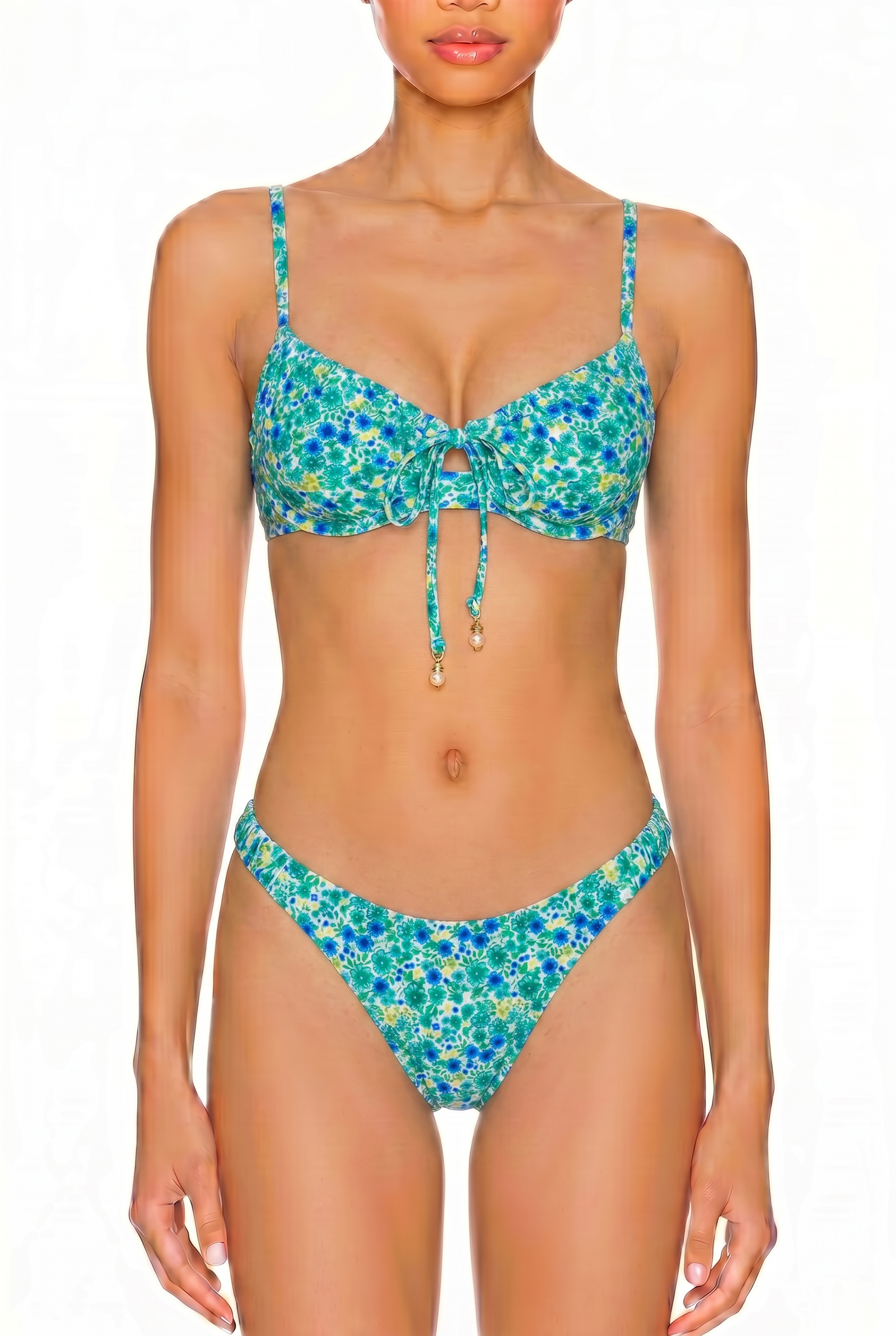 Green and blue floral print two-piece bikini set with tie-front bralette top and cheeky cut bottoms.