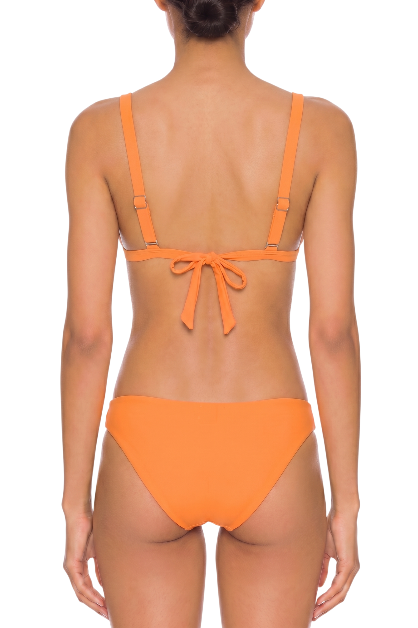 Back view of an orange two-piece bikini set with adjustable tie-back straps and moderate coverage bottoms.