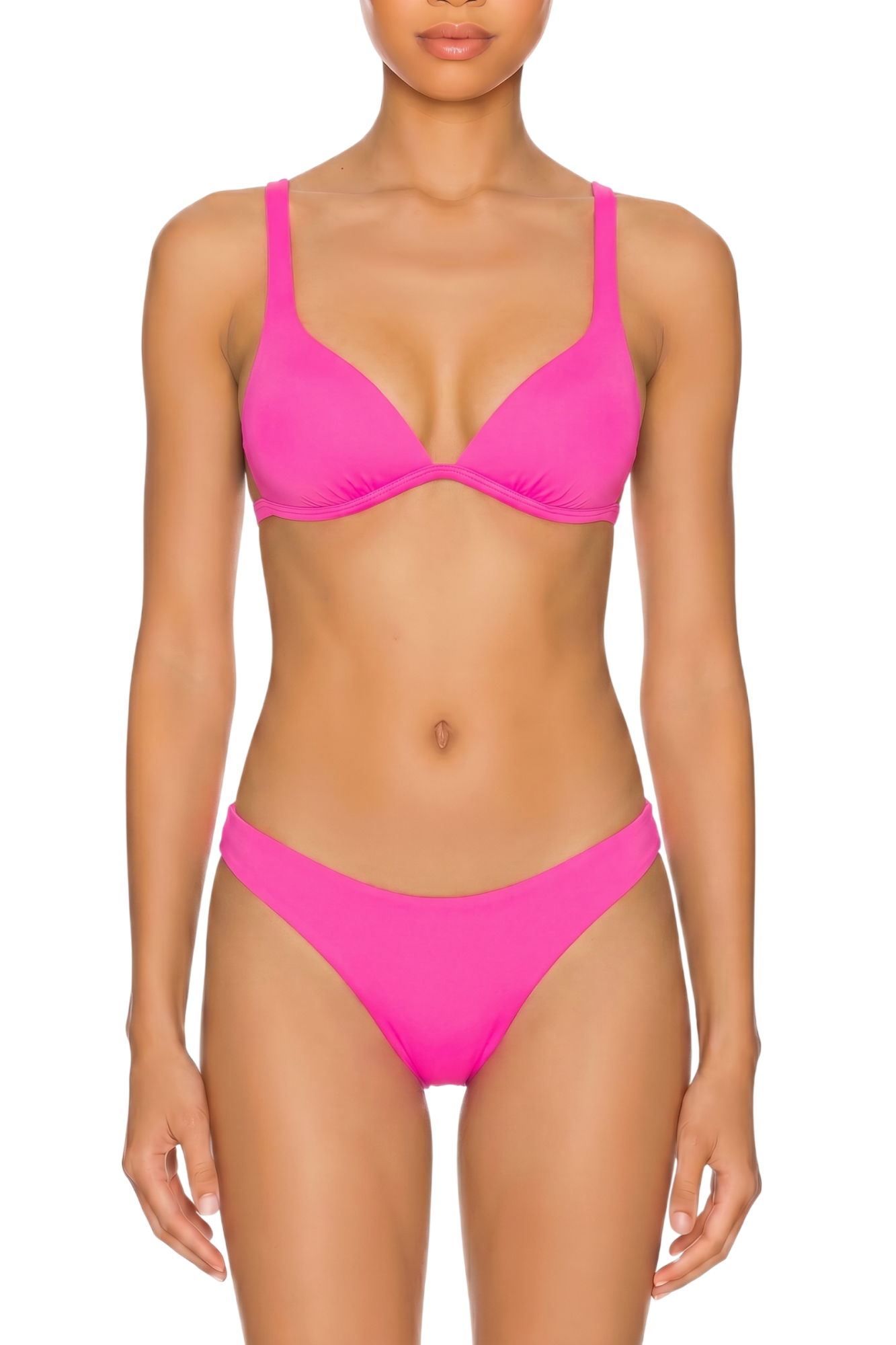 Bright pink two-piece bikini set featuring a triangle top with adjustable straps and classic moderate coverage bottoms.