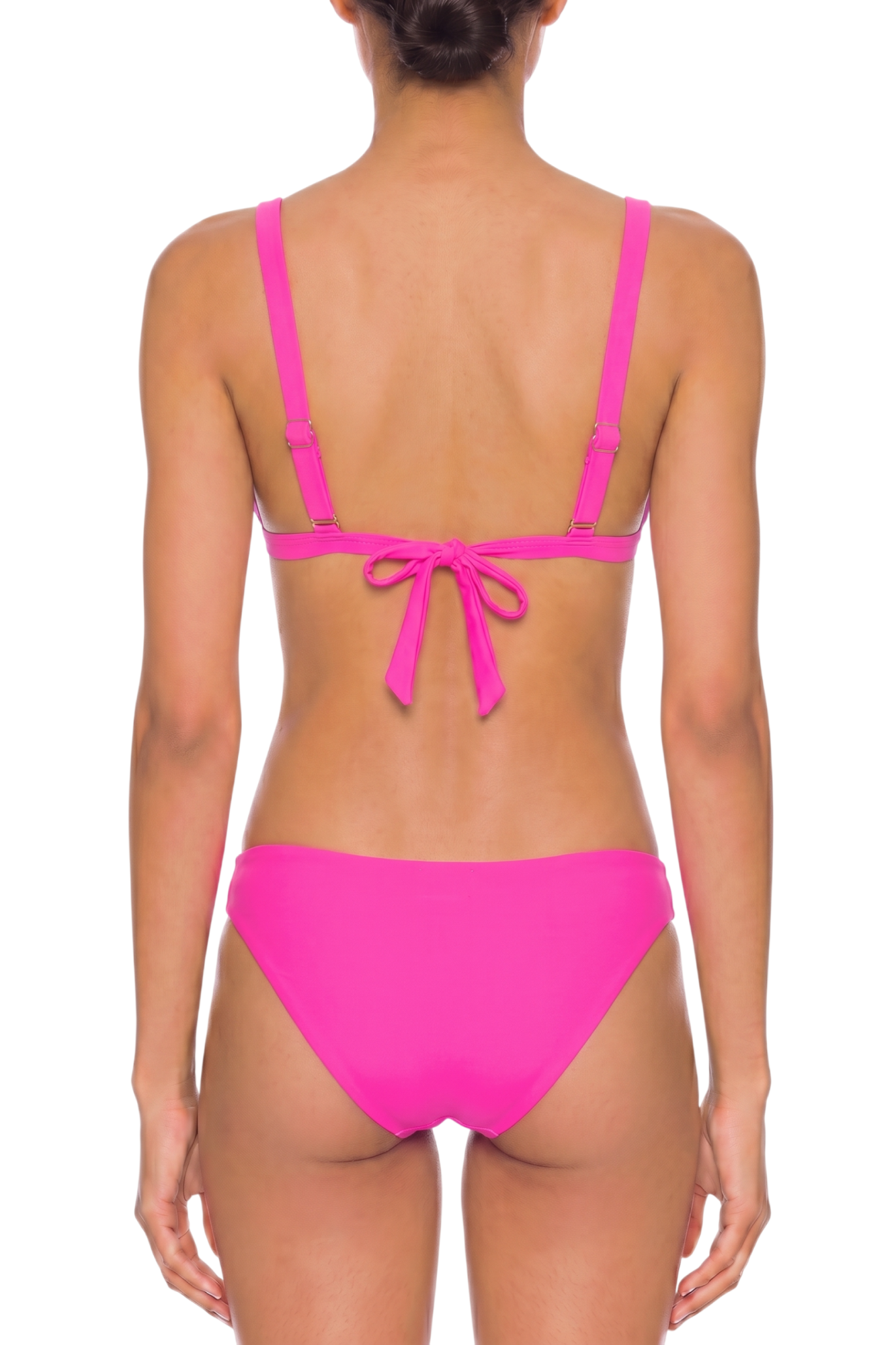 Back view of a bright pink two-piece bikini set with adjustable straps and tie closure.