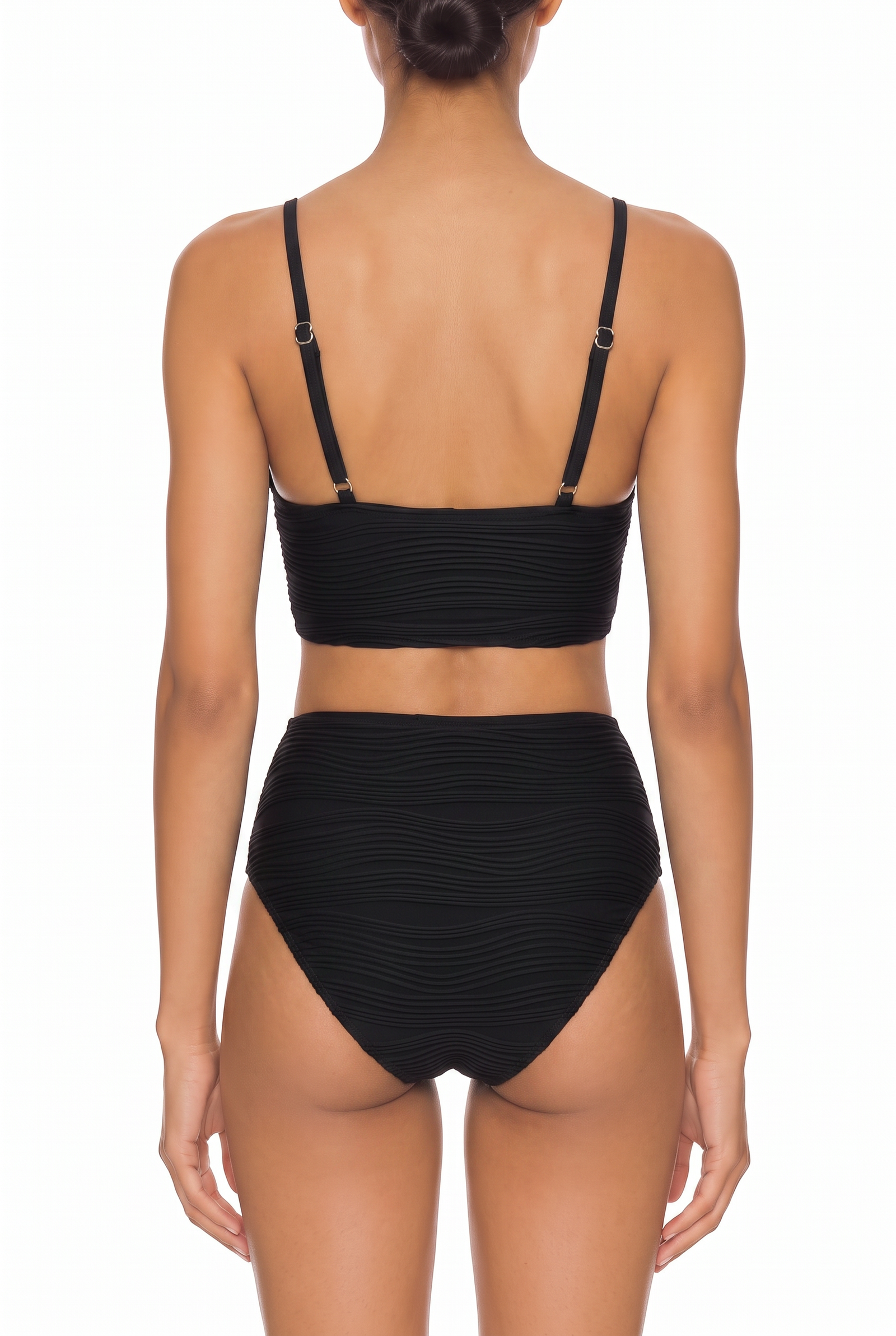 Ring-Accent Plissé Crop Top and High-Waist Bikini Set (Multiple Colors Available)