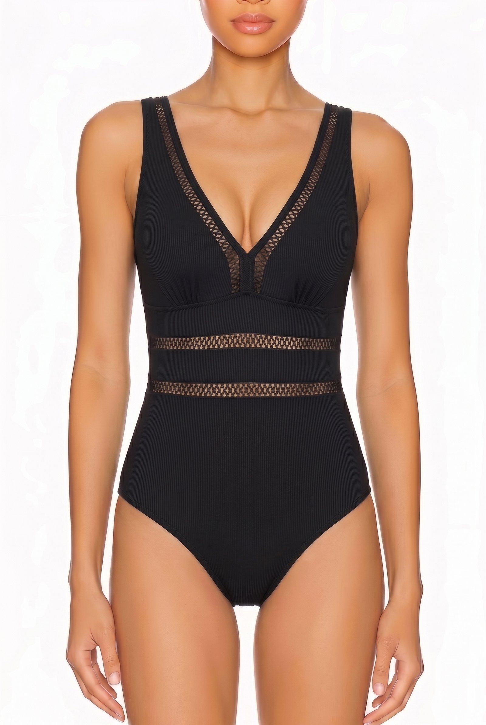 Black ribbed one-piece swimsuit with deep V-neck, mesh insets, wide straps, and high-cut legs.