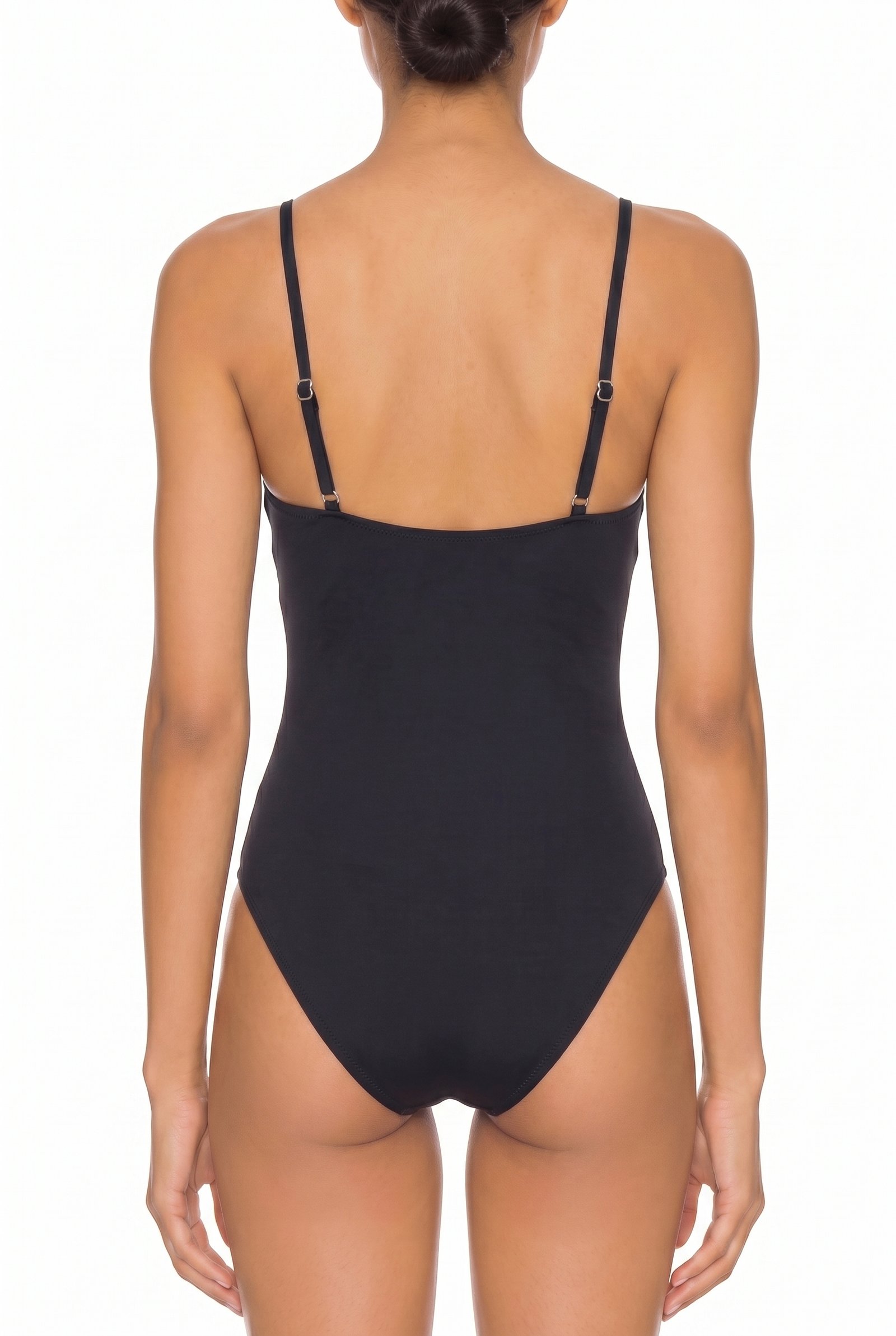 Rear view of a black one-piece swimsuit with adjustable shoulder straps and moderate coverage.