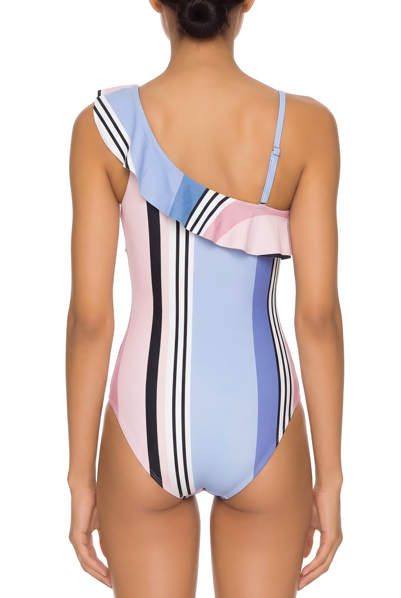 Back view of a one-shoulder ruffle one-piece swimsuit with pastel colorblock and stripe print.