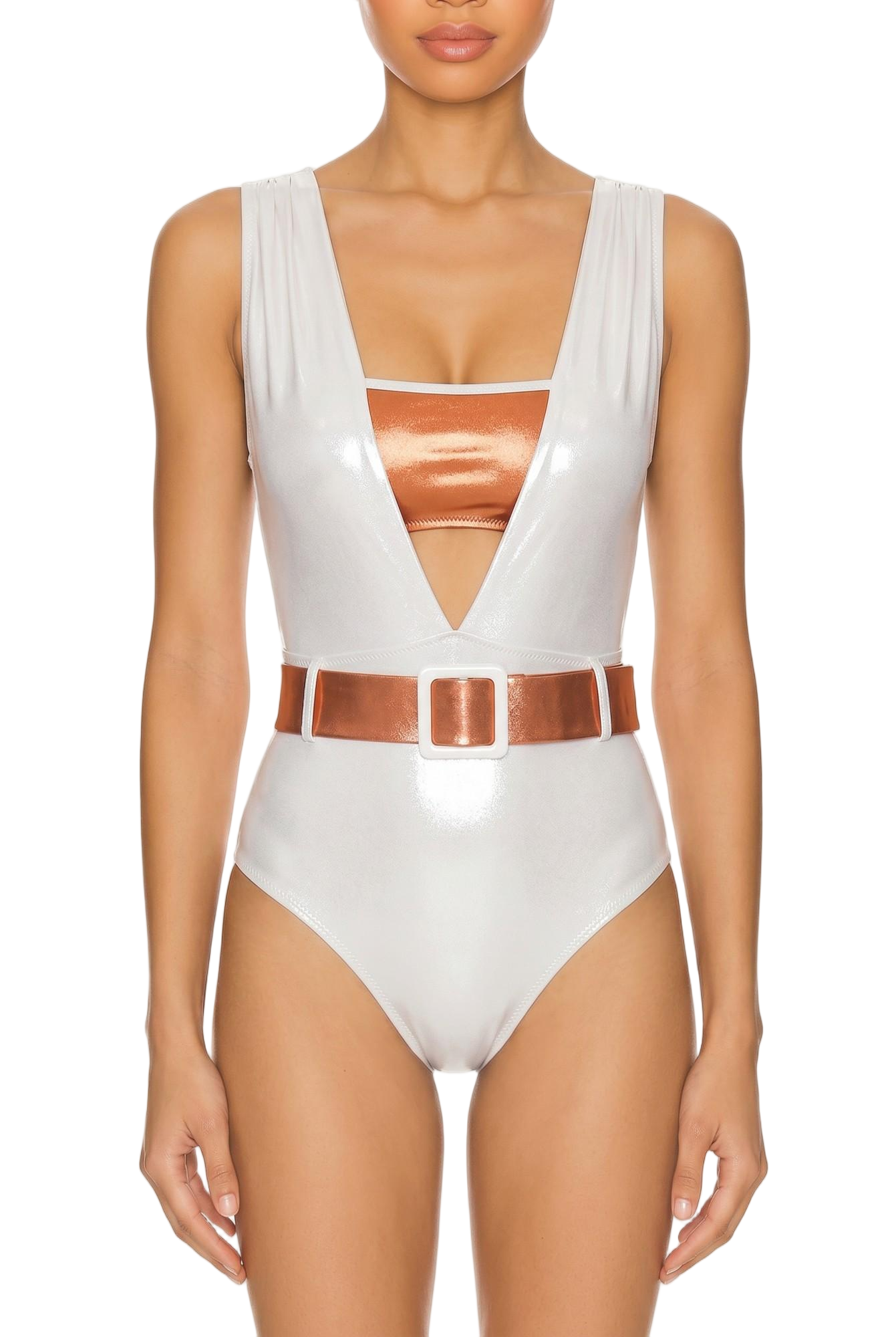 White shiny one-piece swimsuit with deep V-plunge, copper metallic band, and wide buckle belt.