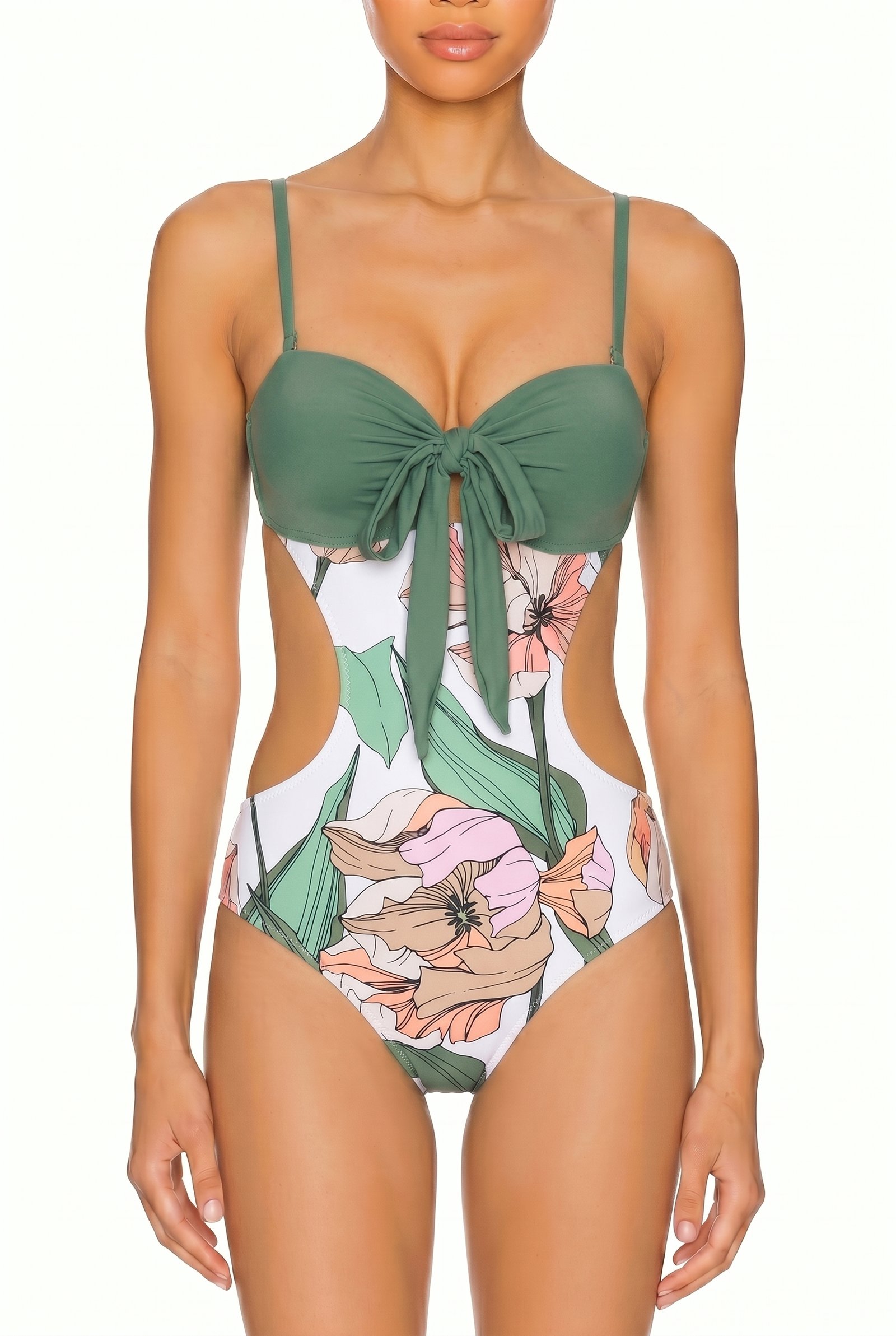 Floral print one-piece swimsuit with solid green tie-front underwire top and side cutouts.