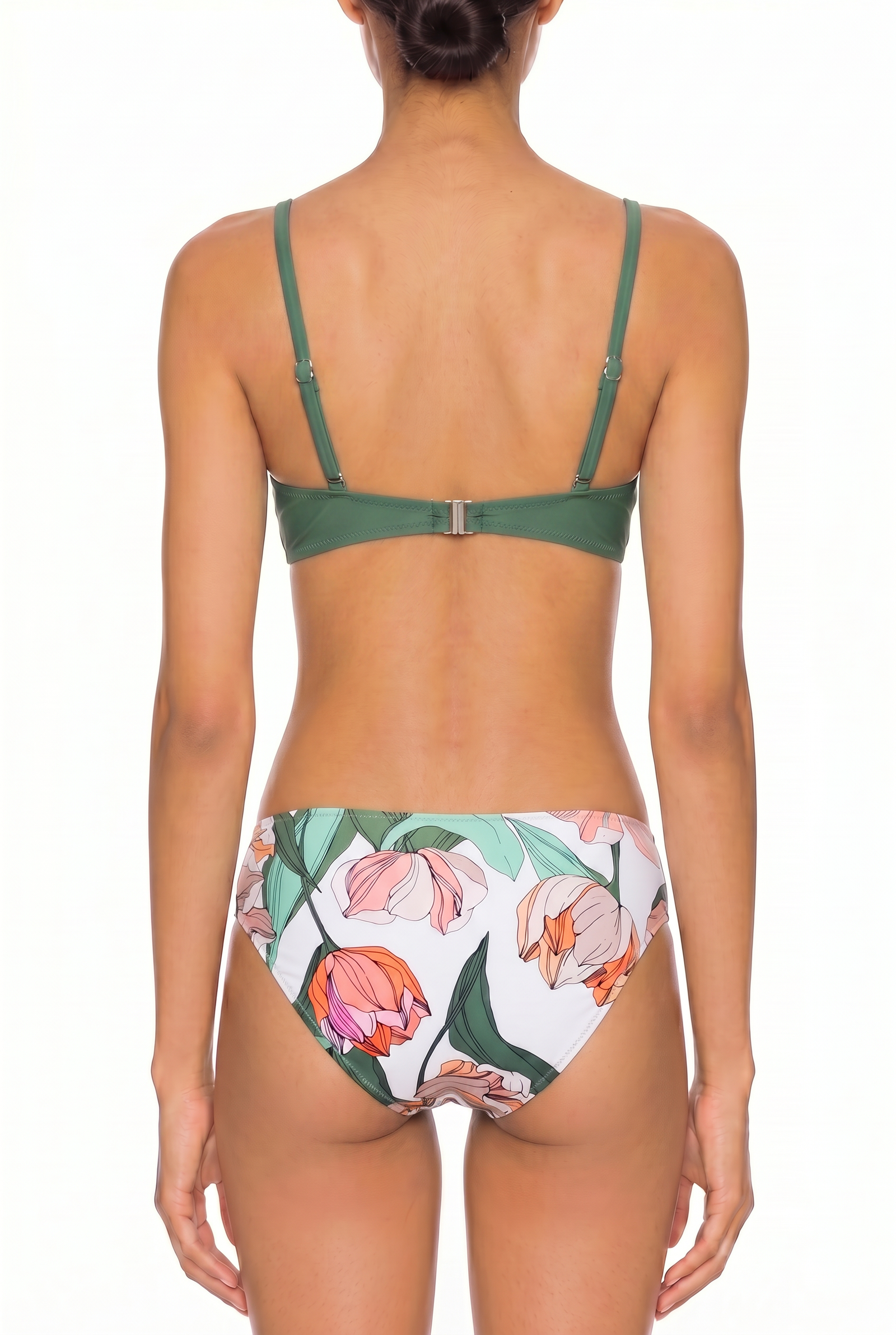 Back view of a floral print monokini featuring adjustable green straps and a hook back closure.