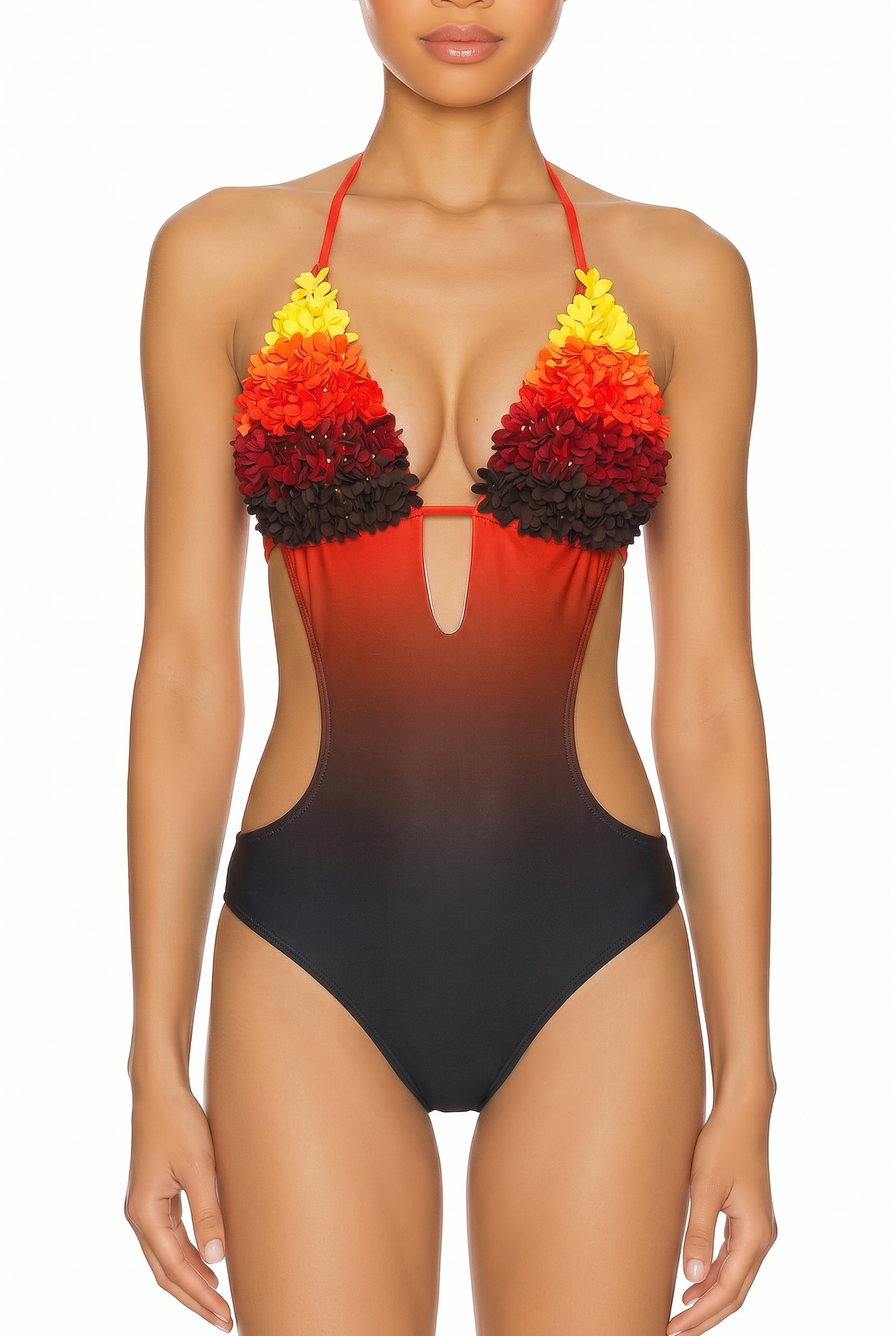 Red to black ombre halter monokini with floral triangle top and side cutouts.