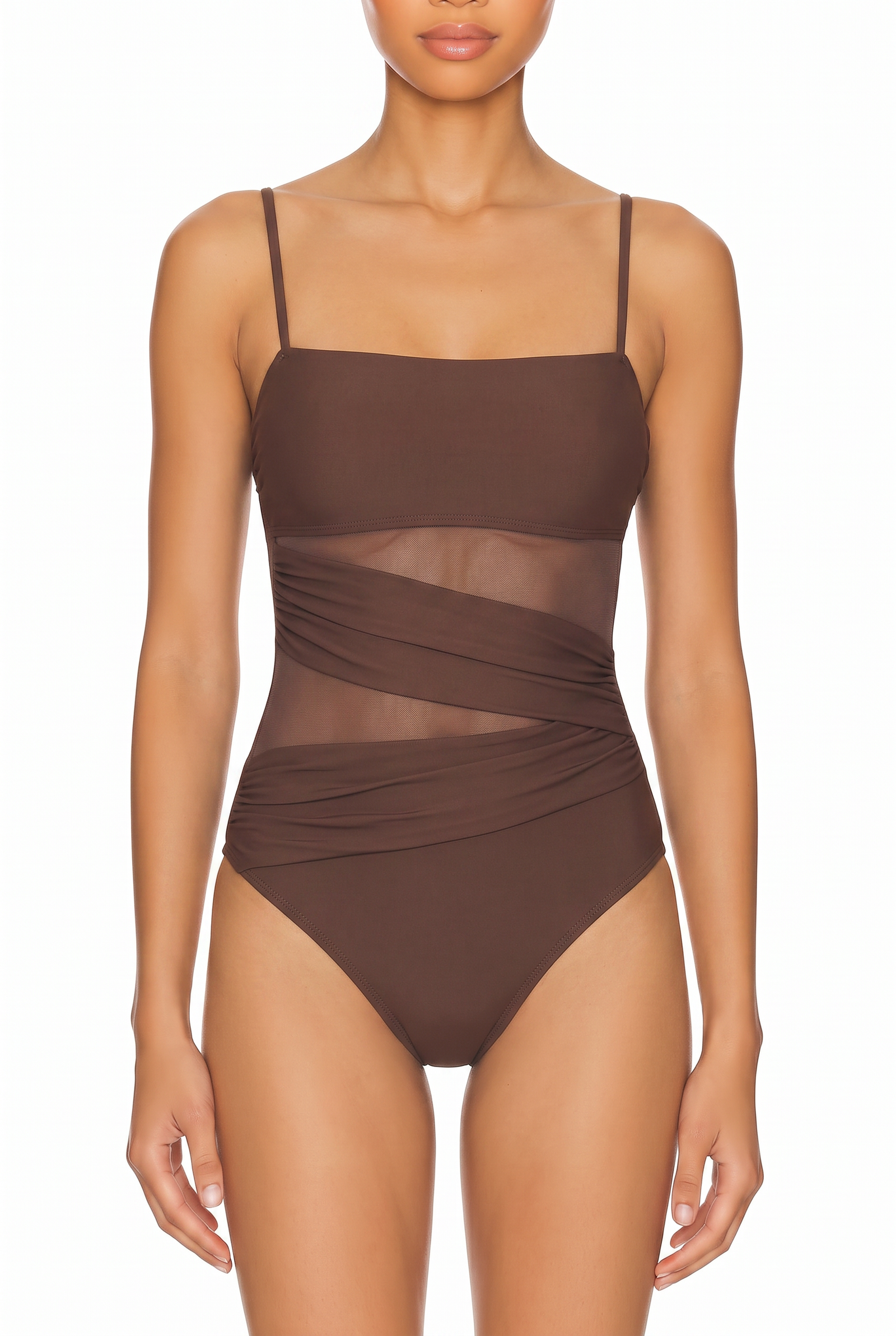 Mesh-Panel Ruched One-Piece Swimsuit