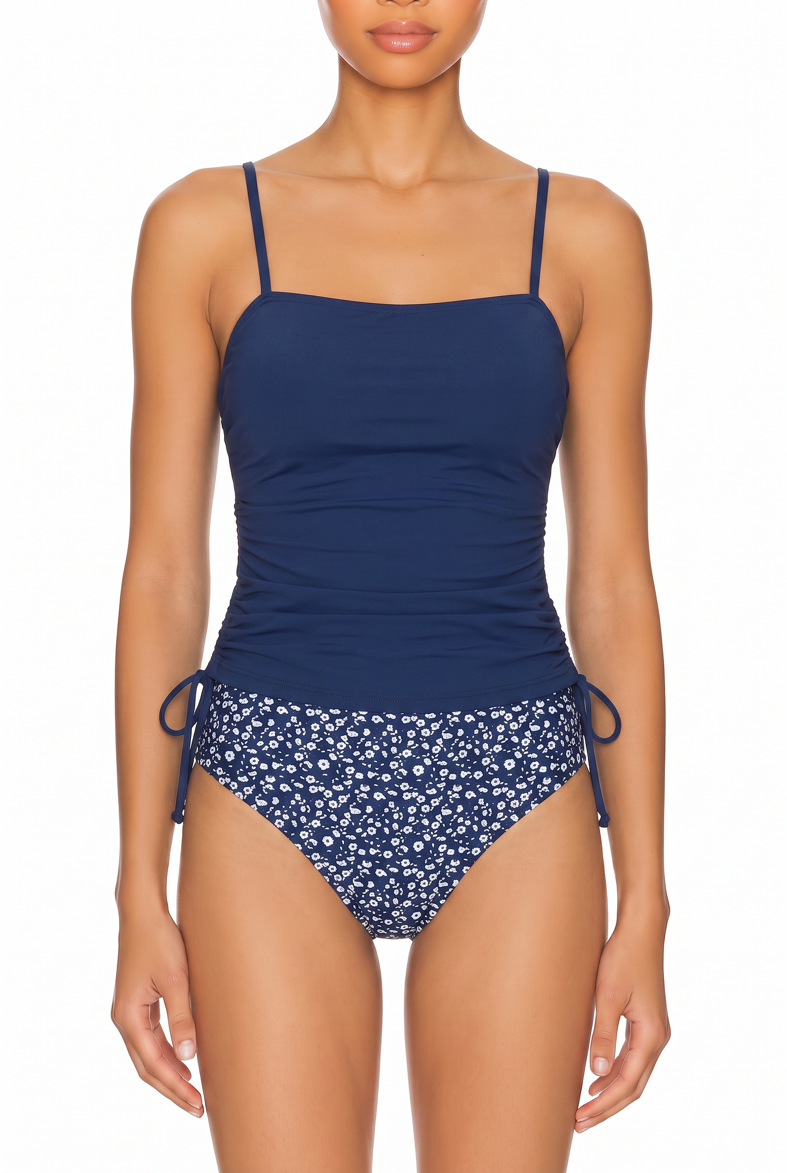 Ruched Tankini Top and Tie-Side Bikini Bottom Set