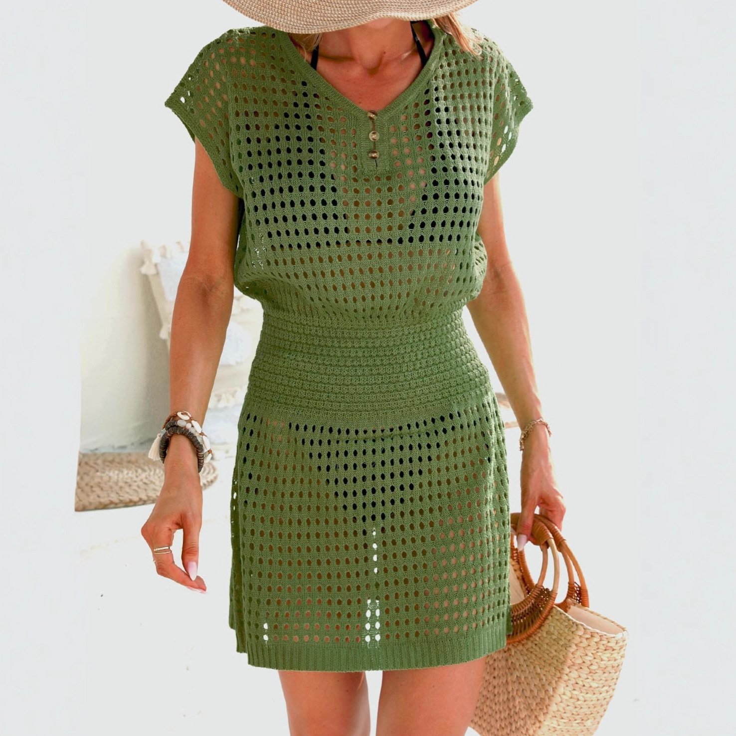 V-Neck Short Sleeve Open-Knit Cover-Up Dress