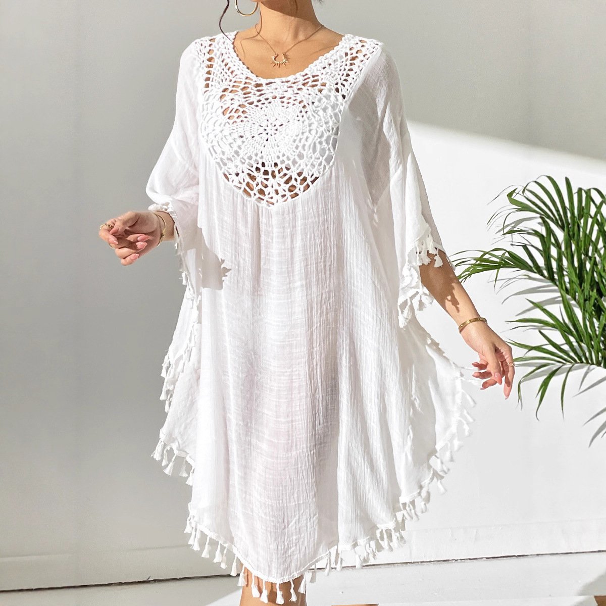 Crochet Yoke Kaftan Cover-Up with Tassel Trim