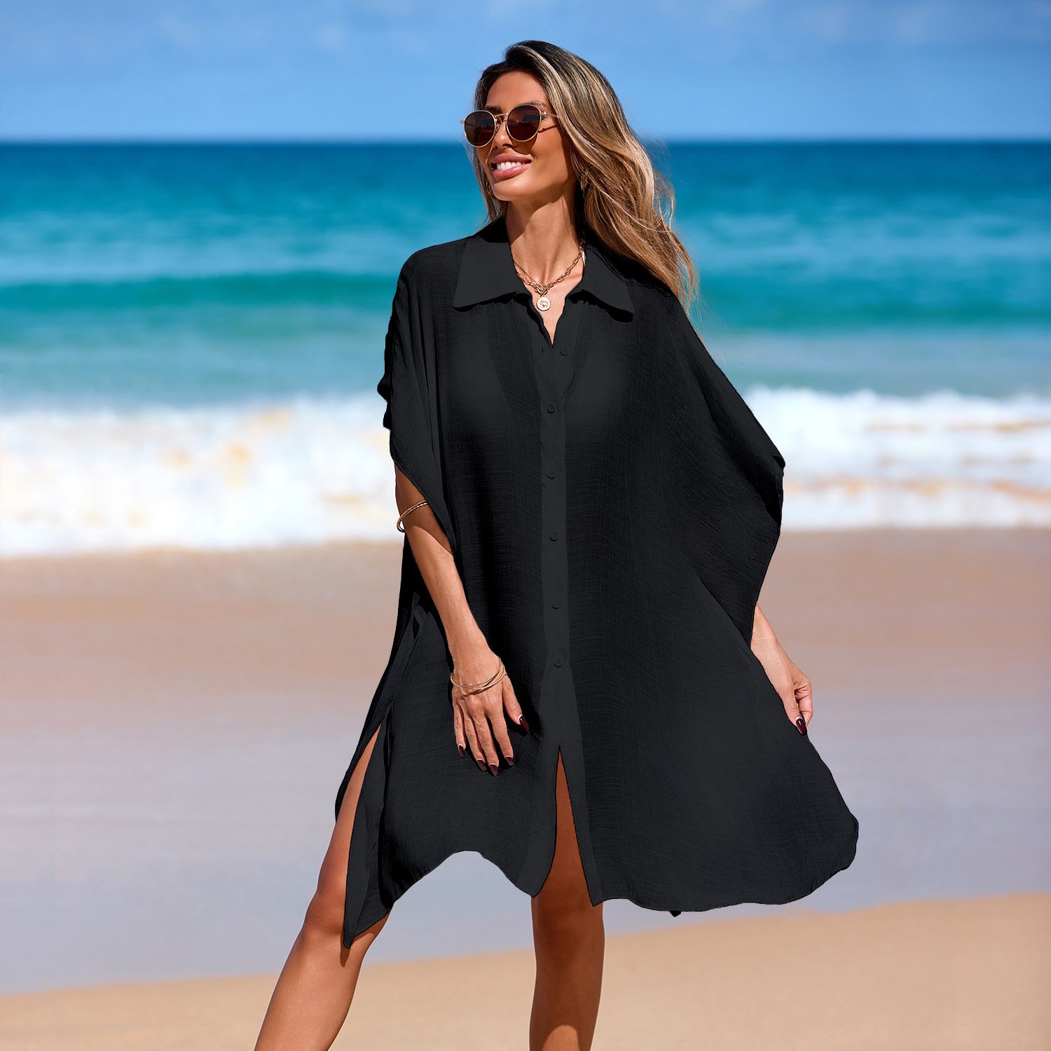 Button-Front Collared Kaftan Cover-Up