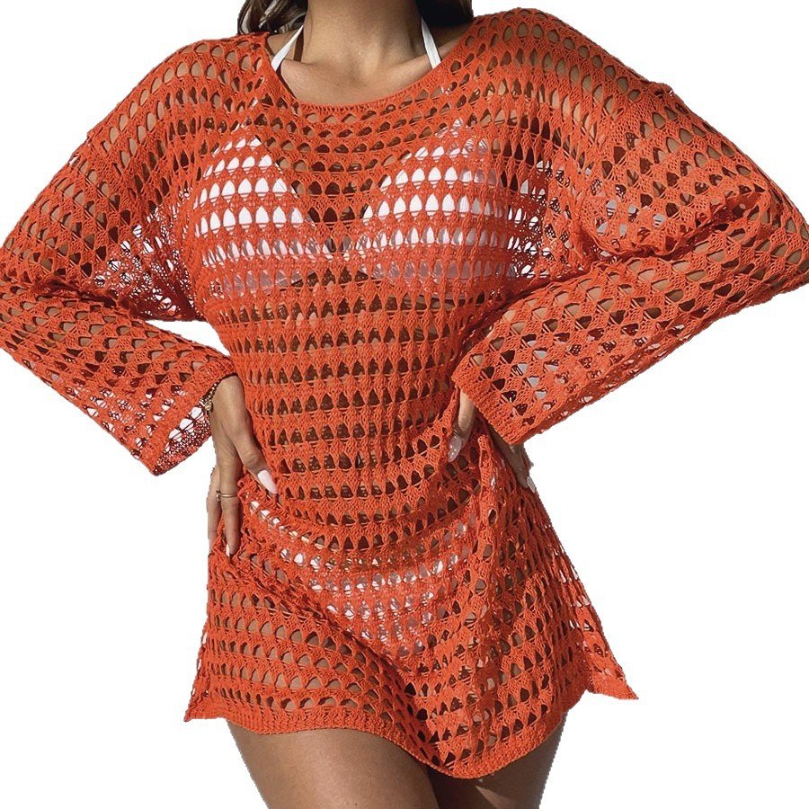 Orange long-sleeve open-knit cover-up dress with a round neckline and relaxed mini silhouette.