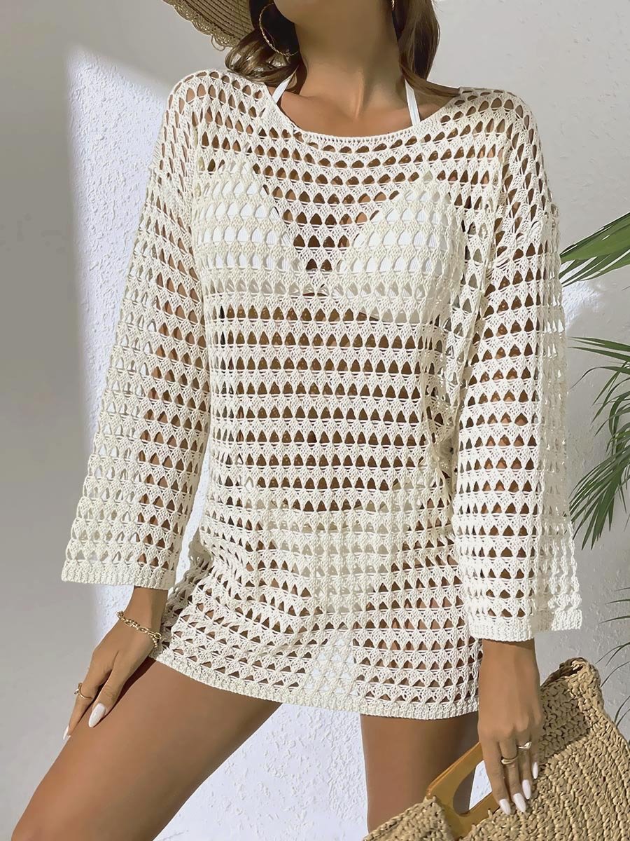 White open-knit long sleeve cover-up dress with boat neckline and relaxed mini silhouette.