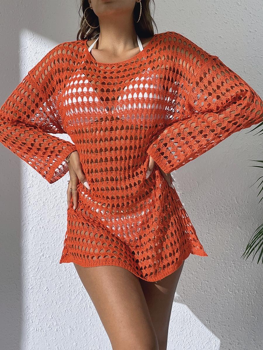 Orange long sleeve open-knit cover-up dress featuring a round neckline and relaxed mini silhouette.